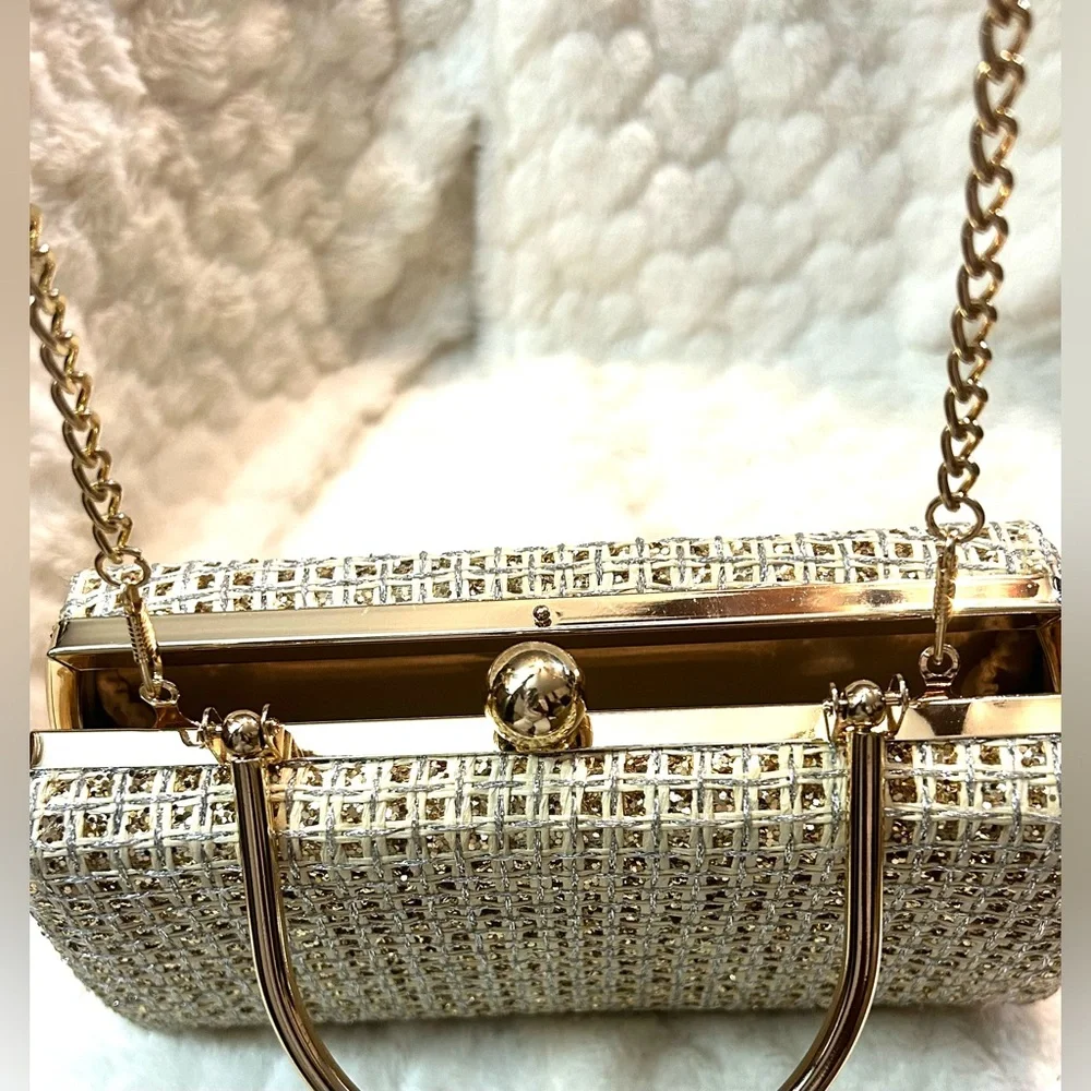 Elegant Handbag Clutch Purse with shiny Gold handle chain clasp - Picture 6 of 16
